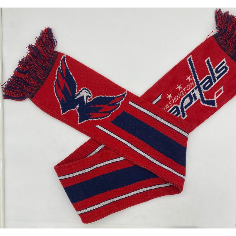 Rare VTG Washington Caps NHL Knit Scarf Red Navy Blue White Fringe Fan Gear Logo